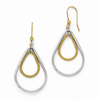 14k Two-tone Polished Diamond-cut Teardrop Dangle Earrings