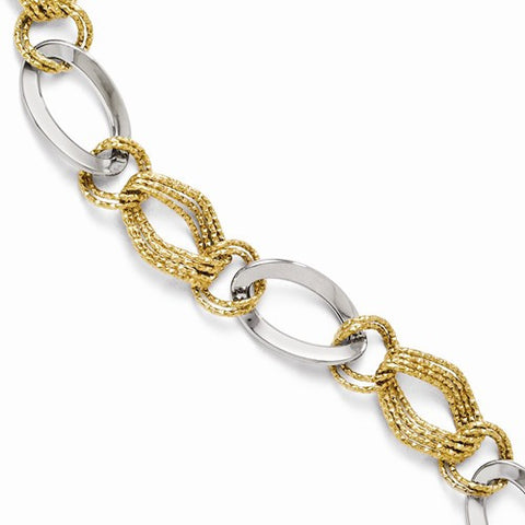 14K White and Yellow Gold Polished and Textured Fancy Link Bracelet