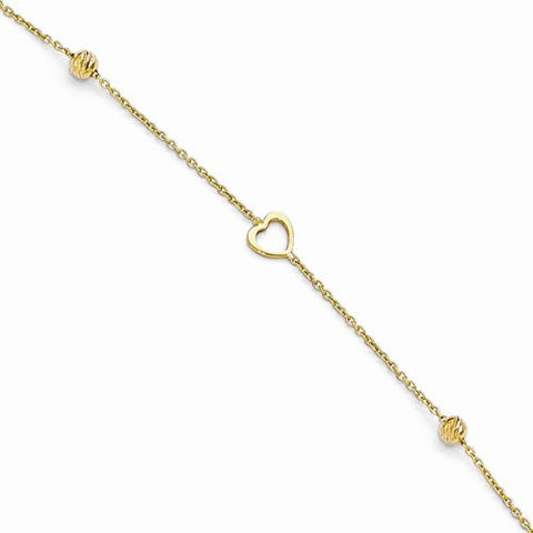 14K Yellow Gold Polished and Diamond-Cut Heart Anklet