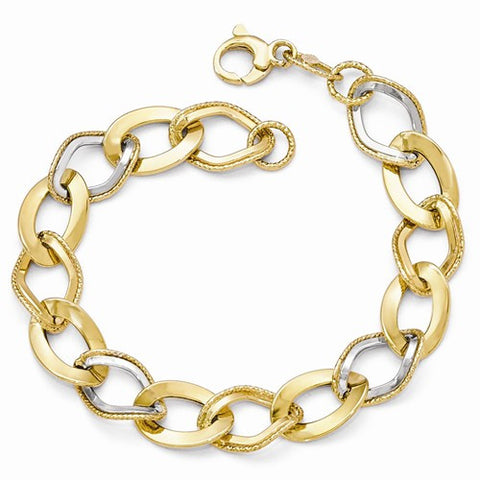 14K Yellow Gold with White Rhoudium Polished & Textured Link Bracelet