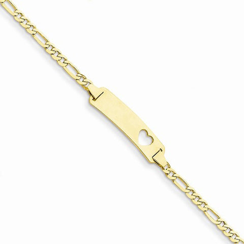 14K Yellow Gold Figaro Link Id Plate with Cut-Out Heart Bracelet