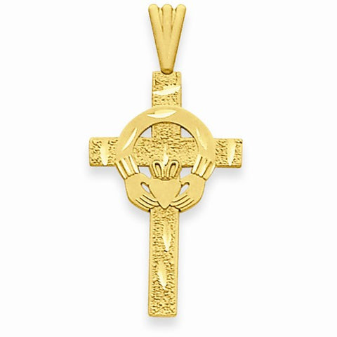 14k Gold Polished Claddagh Cross Pendant, Pendants for Necklace