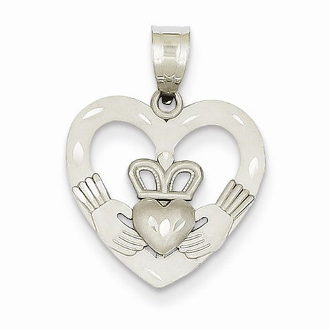 14k White Gold Satin & Diamond Cut Claddagh Pendant, Pendants for Necklace