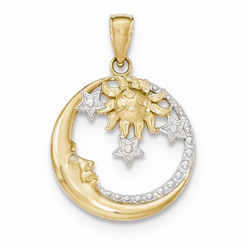 14k Gold and Rhodium D/C Moon, Stars, and Sun Pendant, Pendants for Necklace