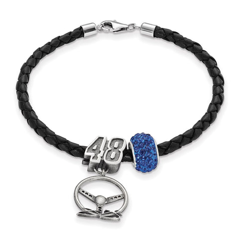 Sterling Silver Leather Bracelet One Blue Crystal Bead 48 Bead Steering