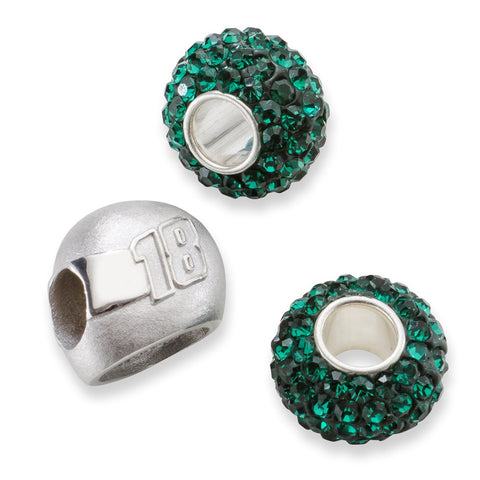 Sterling Silver Two Dark Green Crystal Beads,W,18 3D Driver Helmet Bead
