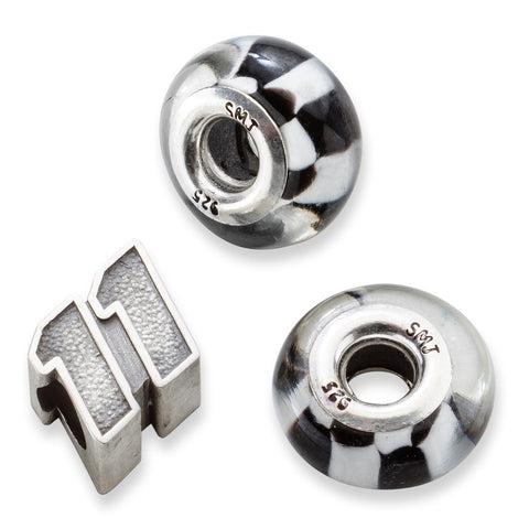 Sterling Silver LogoArt Sport,NASCAR #11 Denny Hamlin 2 Glass Flag Bead Set