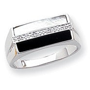14k White Gold Onyx, Mother of Pearl & Diamond Mens Ring