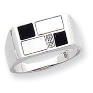 14k White Gold Onyx, Mother of Pearl & Diamond Mens Ring