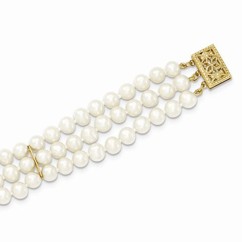 14K Yellow Gold 5-5.5Mm 3 Strand Cultured Pearl Bracelet