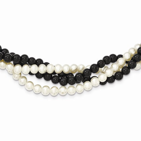 14K Yellow Gold Twisted Onyx & Cultured Pearl Strand Necklace