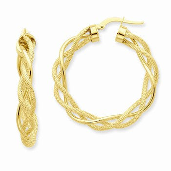 14k Yellow Gold Polished Satin Twisted Hoop Earrings