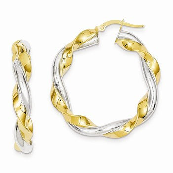 14k Yellow Gold Rhodium Twisted Hoop Earrings