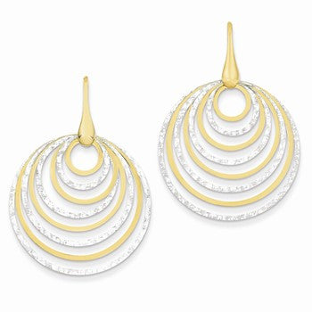 14k Yellow Gold Rhodium Polished & Textured Oval Dangle Earrings