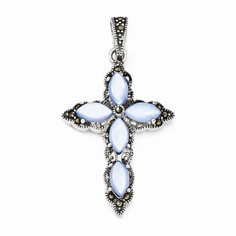 Sterling Silver Marcasite, Blue Mother of Pearl Cross Pendant, Pendants for Necklace
