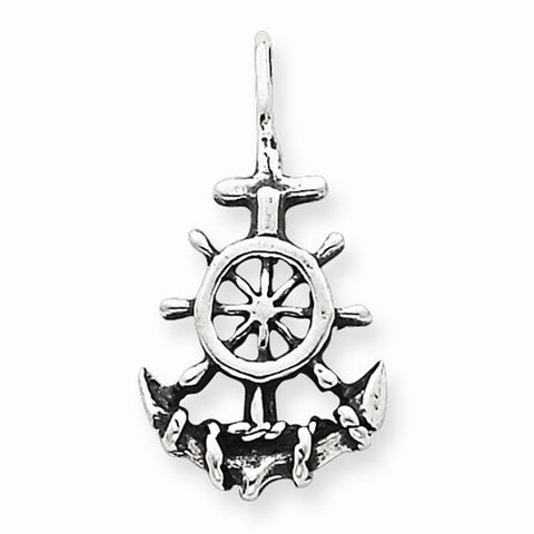 Sterling Silver Antiqued Anchor & Ship's Wheel Pendant, Pendants for Necklace