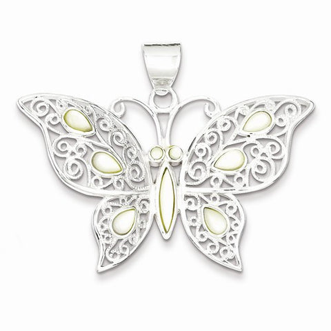Sterling Silver Mother of Pearl Fancy Butterfly Pendant, Pendants for Necklace