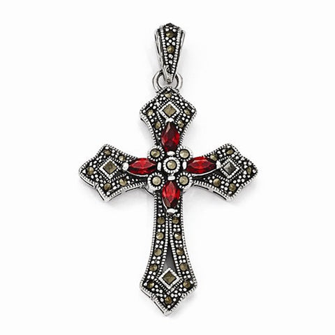 Sterling Silver Red CZ & Marcasite Cross Pendant, Pendants for Necklace