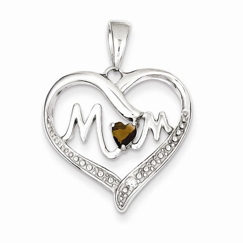 Sterling Silver Smokey CZ Mom Heart Pendant, Pendants for Necklace