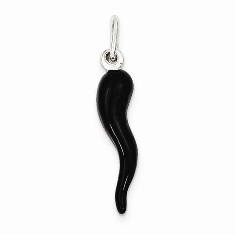 Sterling Silver Black Enamel Italian Horn Pendant, Pendants for Necklace