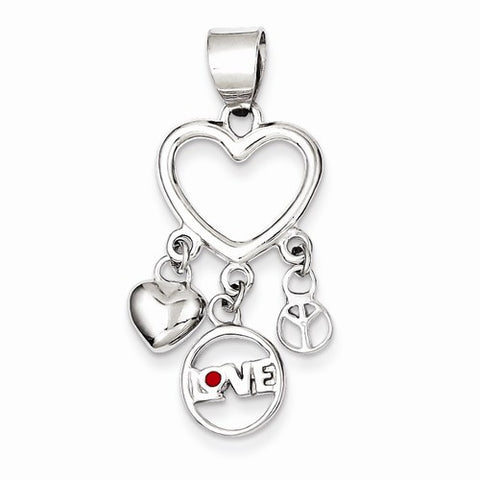 Sterling Silver Enamel Heart w/Heart, Love, Peace Pendant, Pendants for Necklace