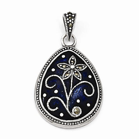 Sterling Silver Marcasite Blue Enamel Teardrop Flower Pendant, Pendants for Necklace