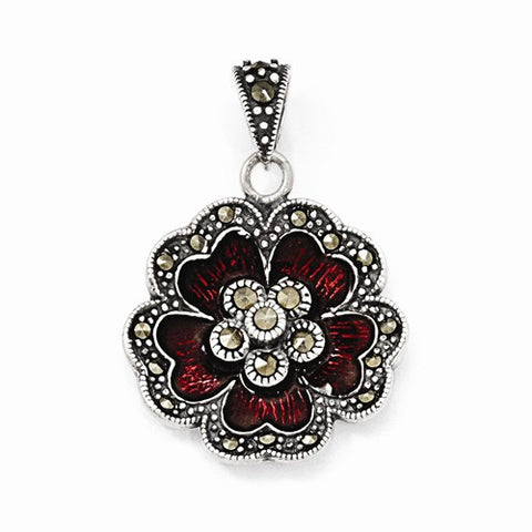 Sterling Silver Marcasite Red Enamel Flower Pendant, Pendants for Necklace