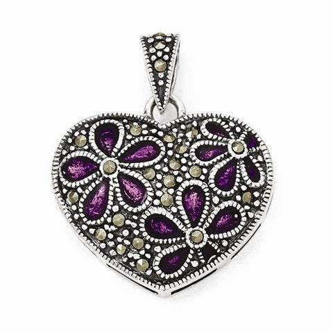 Sterling Silver Marcasite Purple Enamel Flower in Heart Pendant, Pendants for Necklace