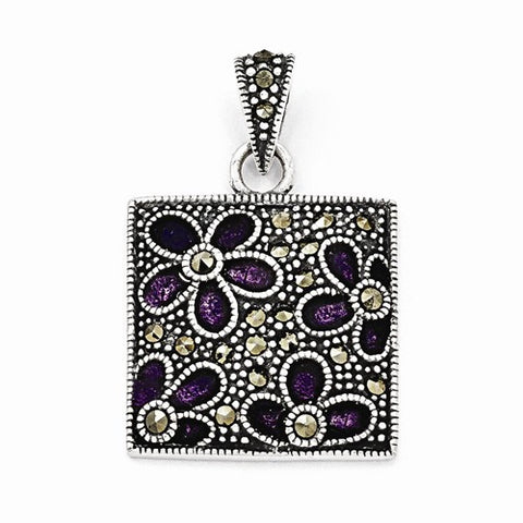 Sterling Silver Marcasite Red Enamel Flowers in Square Pendant, Pendants for Necklace