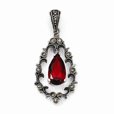Sterling Silver Red CZ & Marcasite Antiqued Teardrop Pendant, Pendants for Necklace