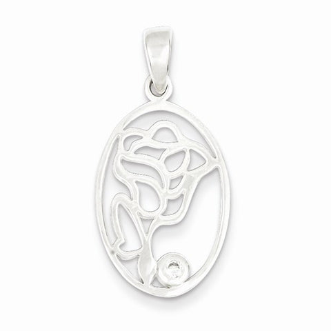 Sterling Silver CZ Polished Rose in Oval Pendant, Pendants for Necklace