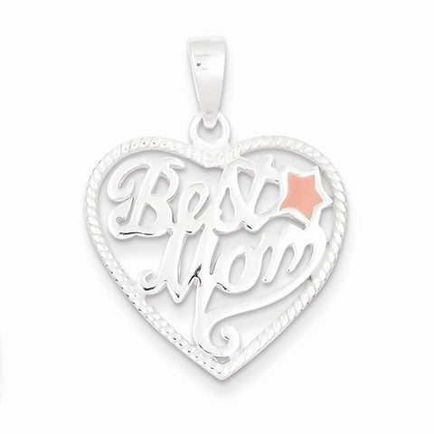 Sterling Silver Polished & Enameled Best Mom Heart Pendant, Pendants for Necklace