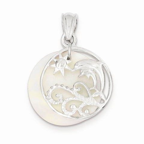 Sterling Silver Polished Dolphin & Waves Mother of Pearl Pendant, Pendants for Necklace