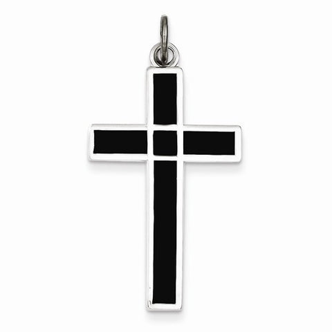 Sterling Silver Brushed & Polished Enamel Black Cross Pendant, Pendants for Necklace