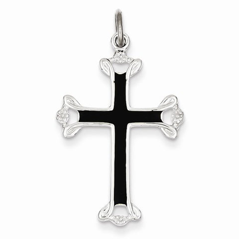 Sterling Silver Polished Black Enamel Budded Cross Pendant, Pendants for Necklace