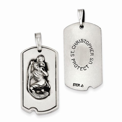 Sterling Silver Satin Antiqued St. Christopher Dog Tag Pendant, Pendants for Necklace