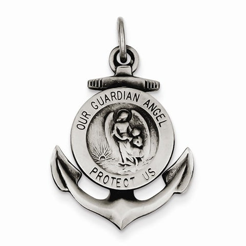 Sterling Silver Antiqued Guardian Angel on Anchor Medal Pendant, Pendants for Necklace