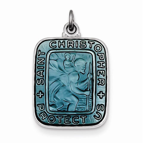 Sterling Silver Blue Enamel Square St. Christopher Medal Pendant, Pendants for Necklace