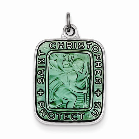 Sterling Silver Teal Enamel Square St. Christopher Medal Pendant, Pendants for Necklace