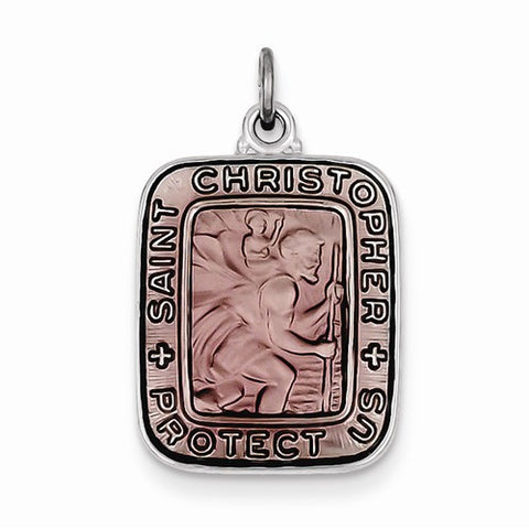 Sterling Silver Pink Enamel Square St. Christopher Medal Pendant, Pendants for Necklace