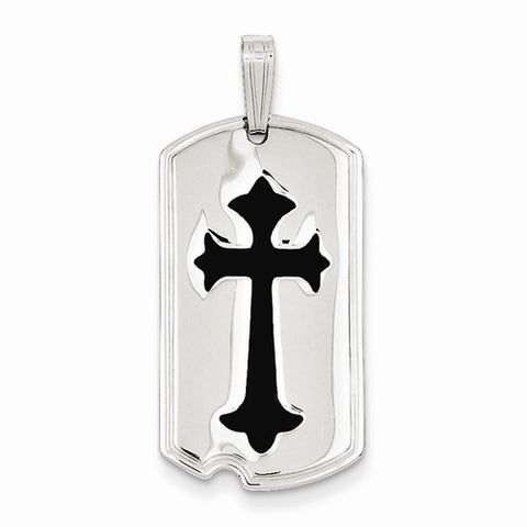 Sterling Silver Polished with Black Epoxy Cross Dog Tag Pendant, Pendants for Necklace