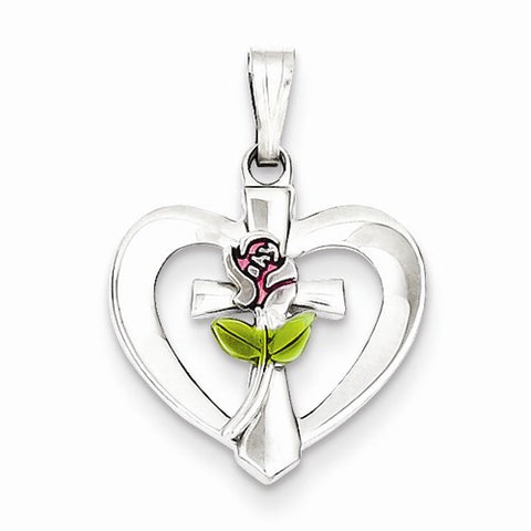 Sterling Silver Polished Enameled Cross & Rose Heart Pendant, Pendants for Necklace