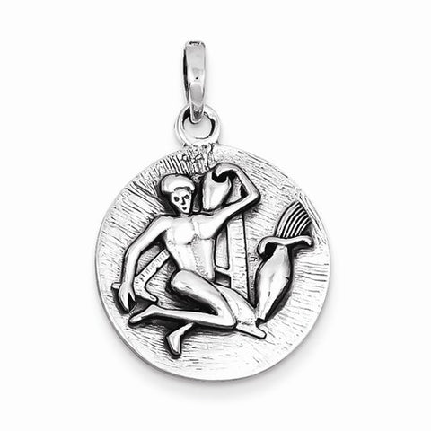 Sterling Silver Polished Antique Finish Aquarius Horoscope Pendant, Pendants for Necklace