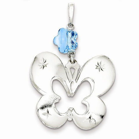 Sterling Silver Polished Diamond-cut Butterfly w/ Lt Blue Glass Pendant, Pendants for Necklace
