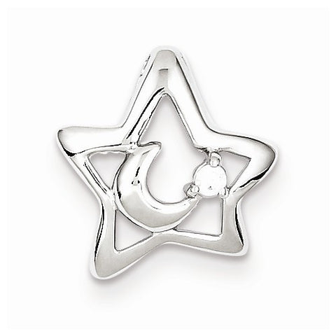 Sterling Silver Rhodium Plated CZ Star & Moon Slide Pendant, Pendants for Necklace