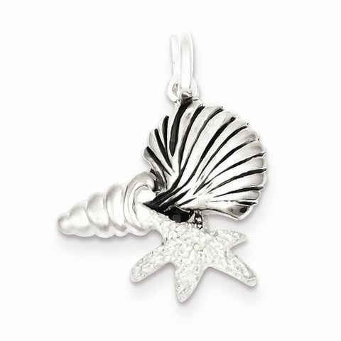 Sterling Silver Polished Antiqued/Laser Cut/Satin Seashells Pendant, Pendants for Necklace