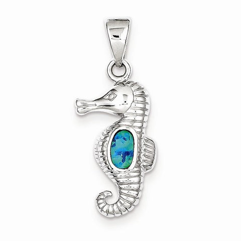 Sterling Silver Blue Inlay Created Opal Seahorse Pendant, Pendants for Necklace