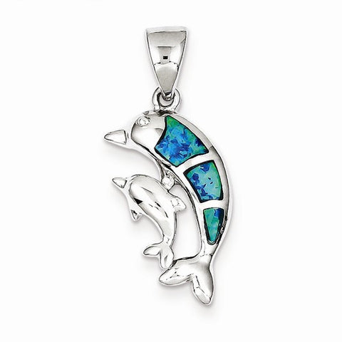 Sterling Silver Blue Inlay Created Opal Dolphin Pendant, Pendants for Necklace