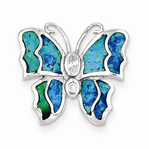 Sterling Silver Blue Inlay Created Opal Butterfly Pendant, Pendants for Necklace