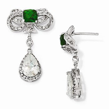 Sterling Silver Bow w/Glass Sim Emerald CZ Post Dangle Earrings